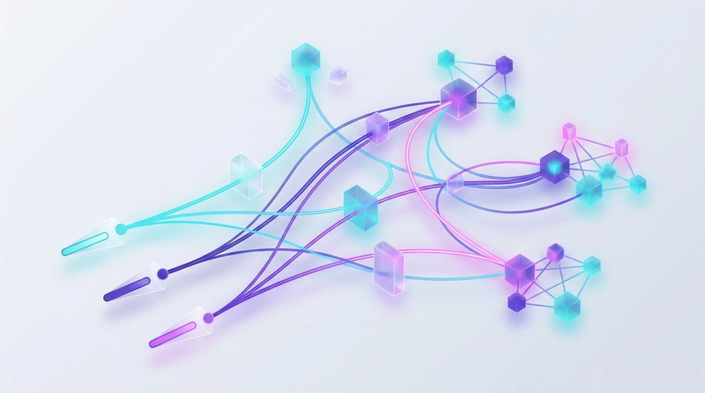 Abstract illustration of AI citation tracking and generative search source attribution in turquoise, violet, and pink