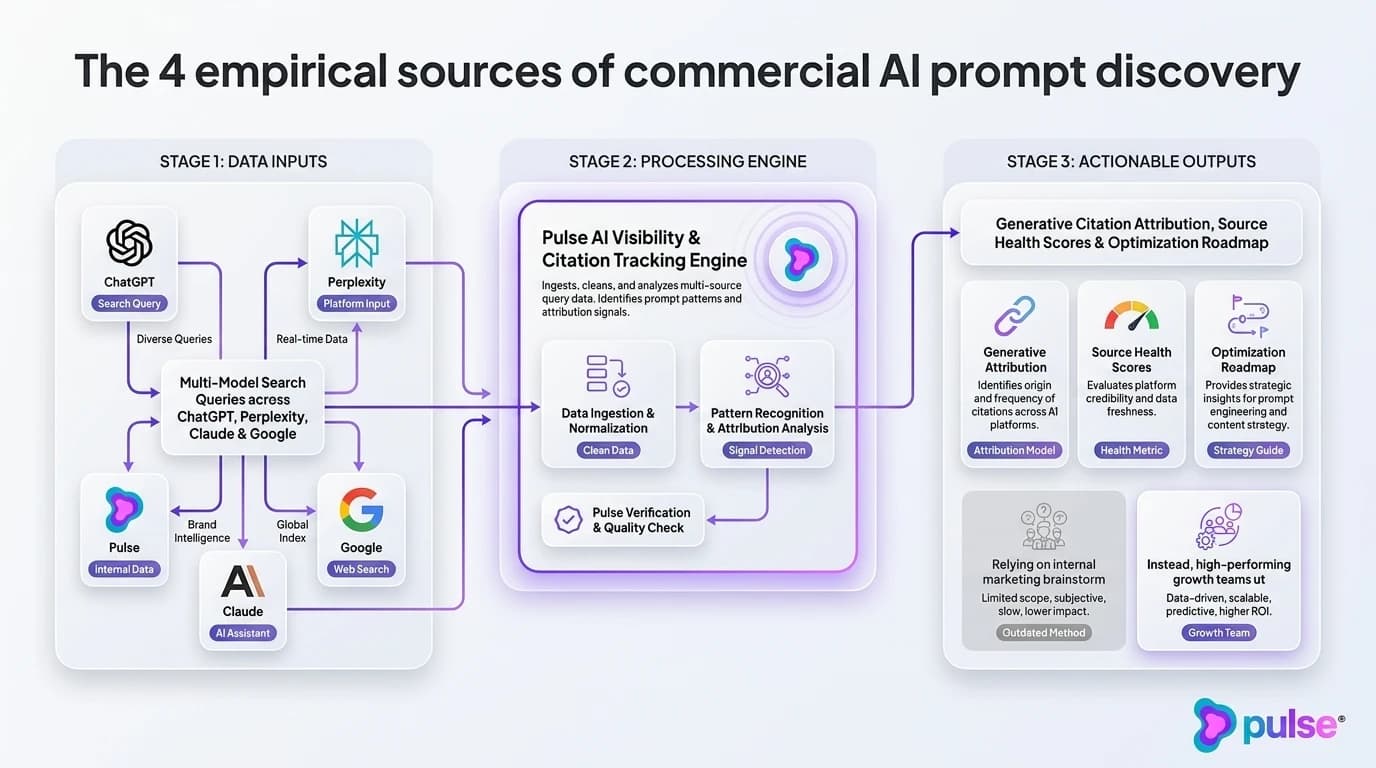Tactical execution workflow for The 4 empirical sources of commercial AI prompt discovery