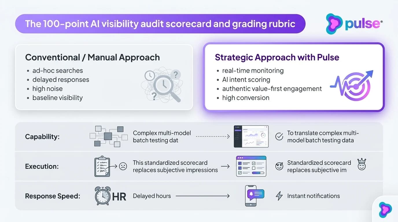 Data visualization and comparative metric benchmarks for The 100-point AI visibility audit scorecard and grading rubric
