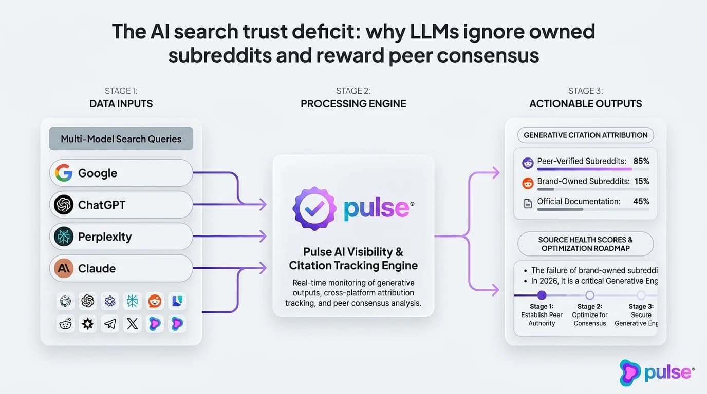 Workflow diagram showing the decentralized community listening process across 500+ subreddits with sub-15-minute response