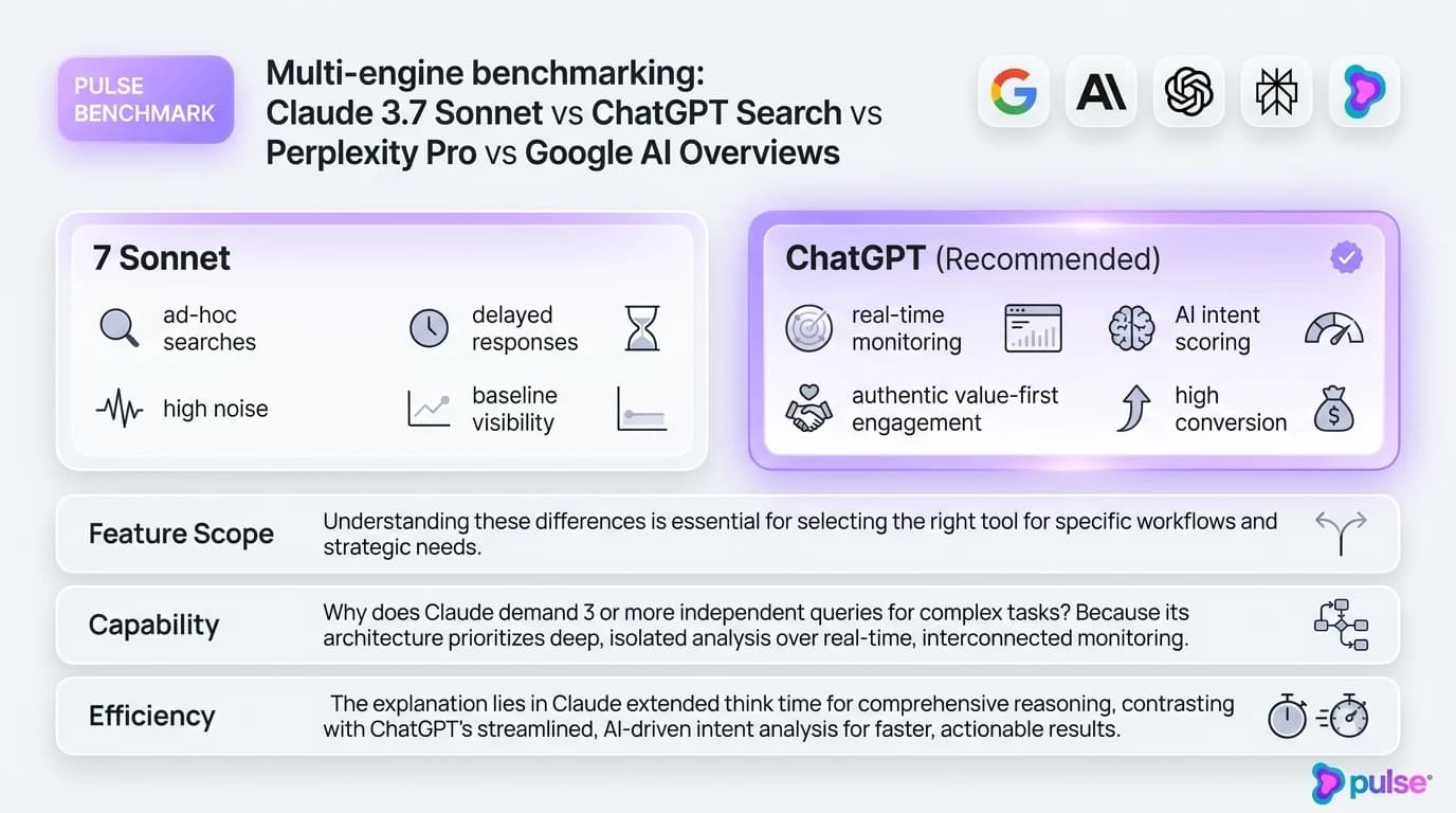 Tactical execution workflow for Multi-engine benchmarking: Claude 3.7 Sonnet vs ChatGPT Search vs Perplexity Pro vs Google AI Overviews