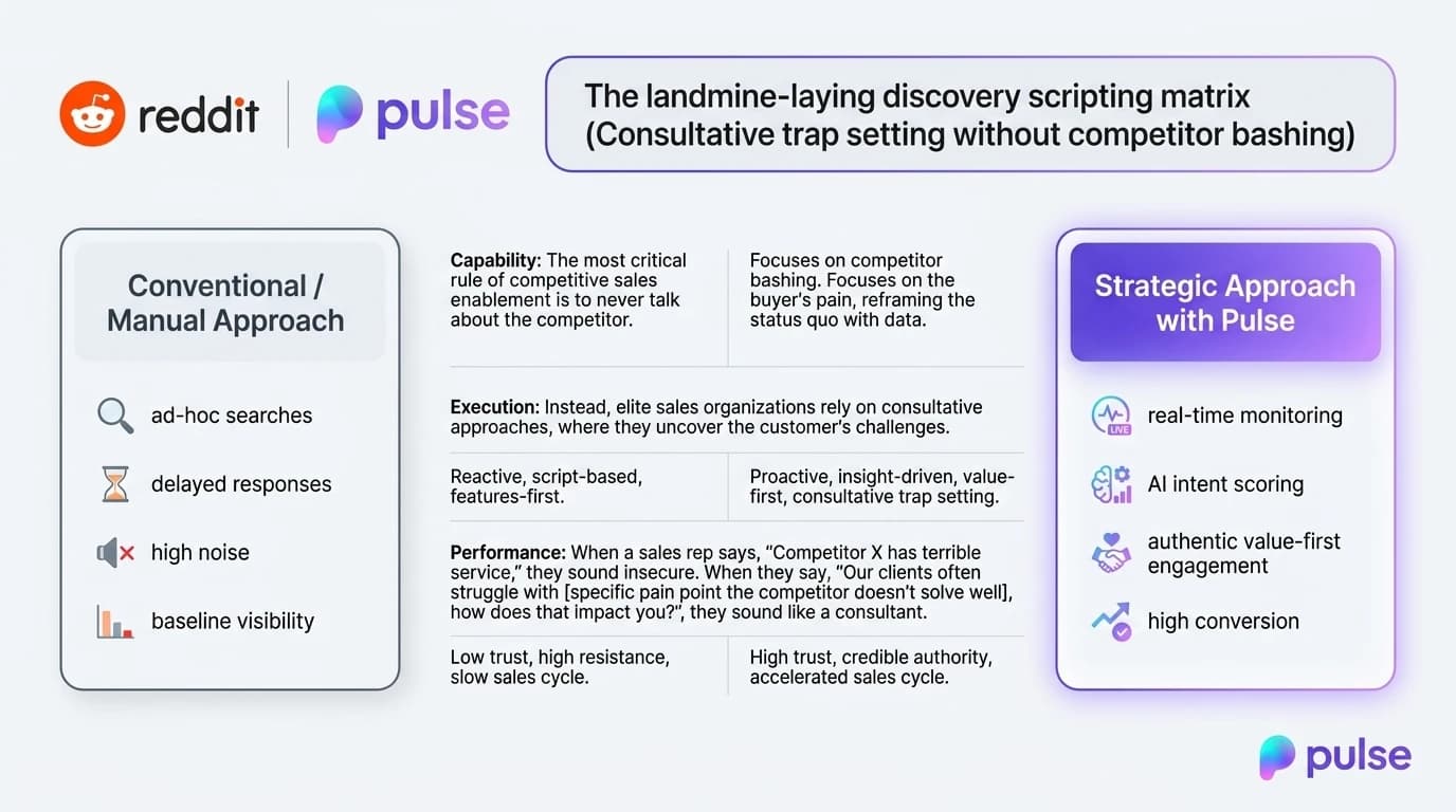 Comparative analysis and platform breakdown for The landmine-laying discovery scripting matrix (Consultative trap setting without competitor bashing)
