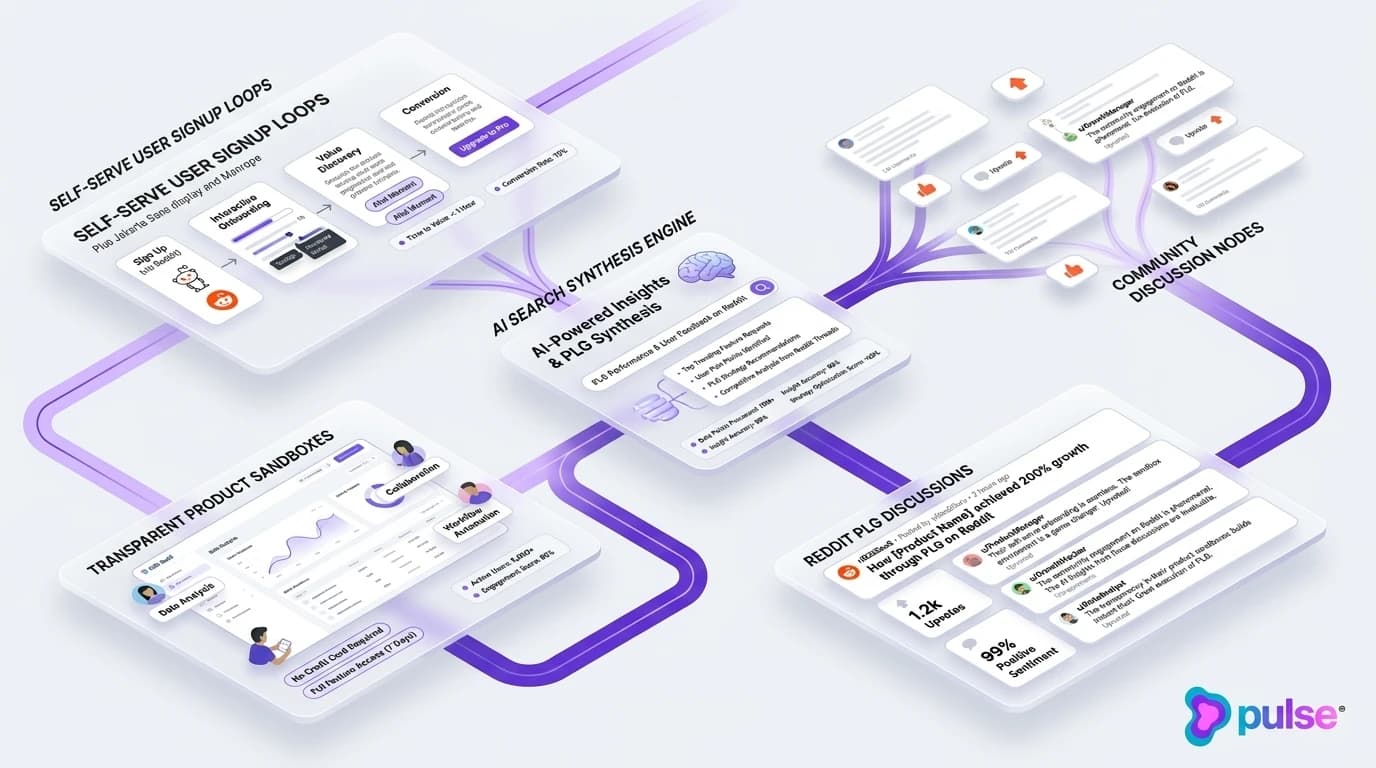 Editorial illustration of product-led growth on Reddit with self-serve signup loops and community consensus architecture in deep violet and lavender