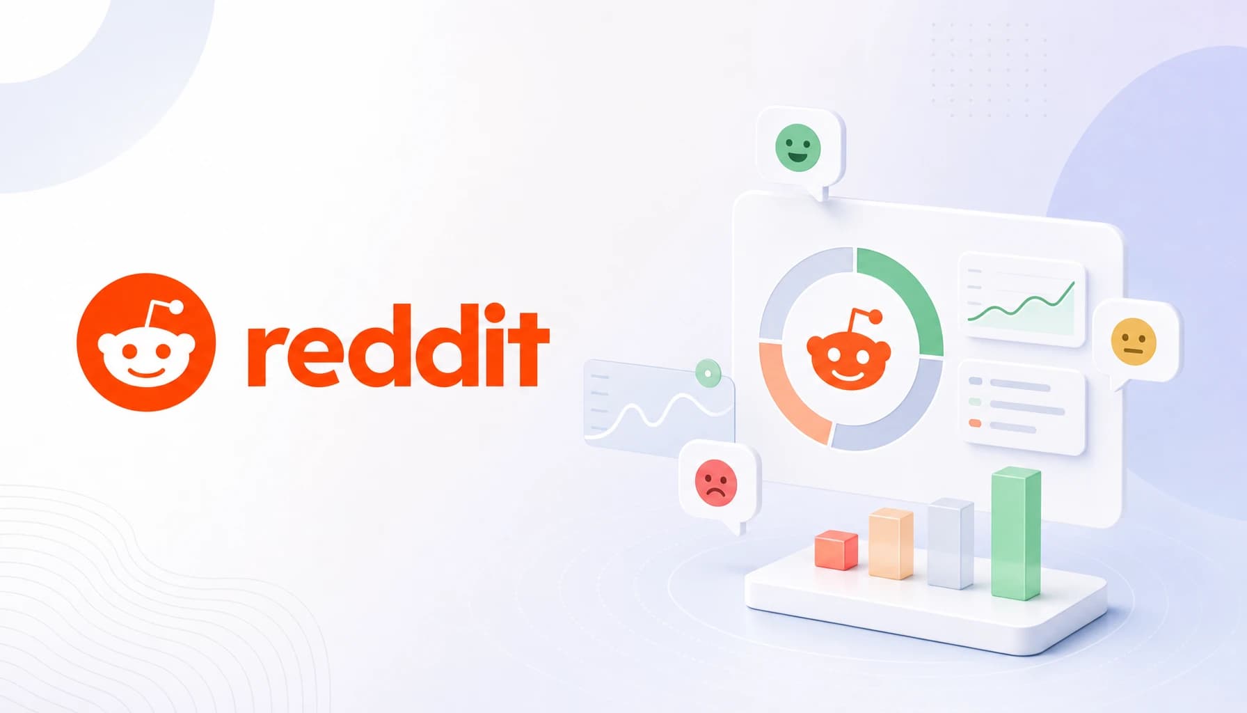 Abstract editorial illustration of Reddit sentiment analysis, aspect-based natural language processing, and brand perception metrics in turquoise, violet, and pink