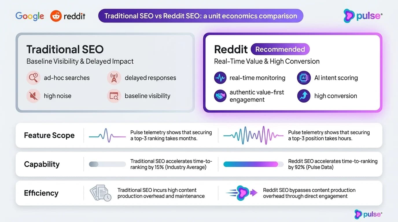Comparative analysis and platform breakdown for Traditional SEO vs Reddit SEO: a unit economics comparison