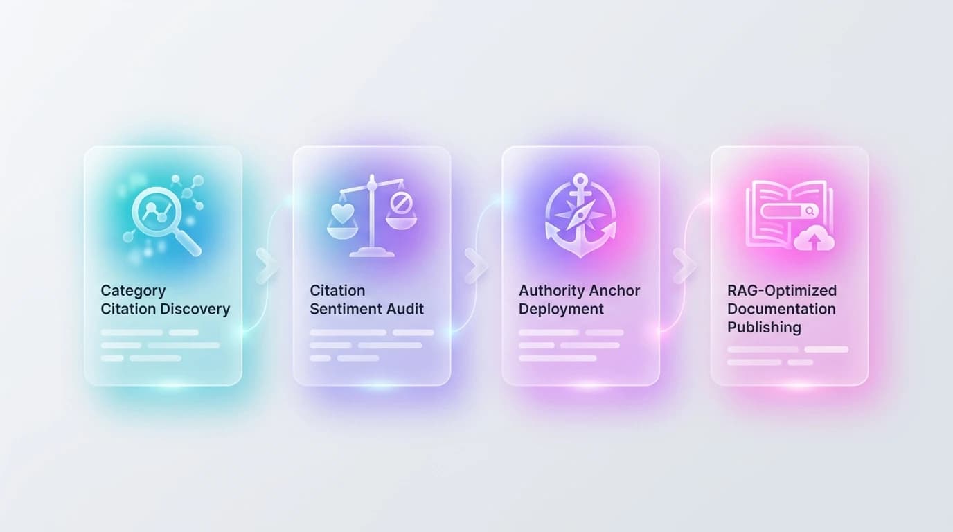 Visual diagram of the 4-step framework for reverse-engineering, tracking, and winning AI search citations