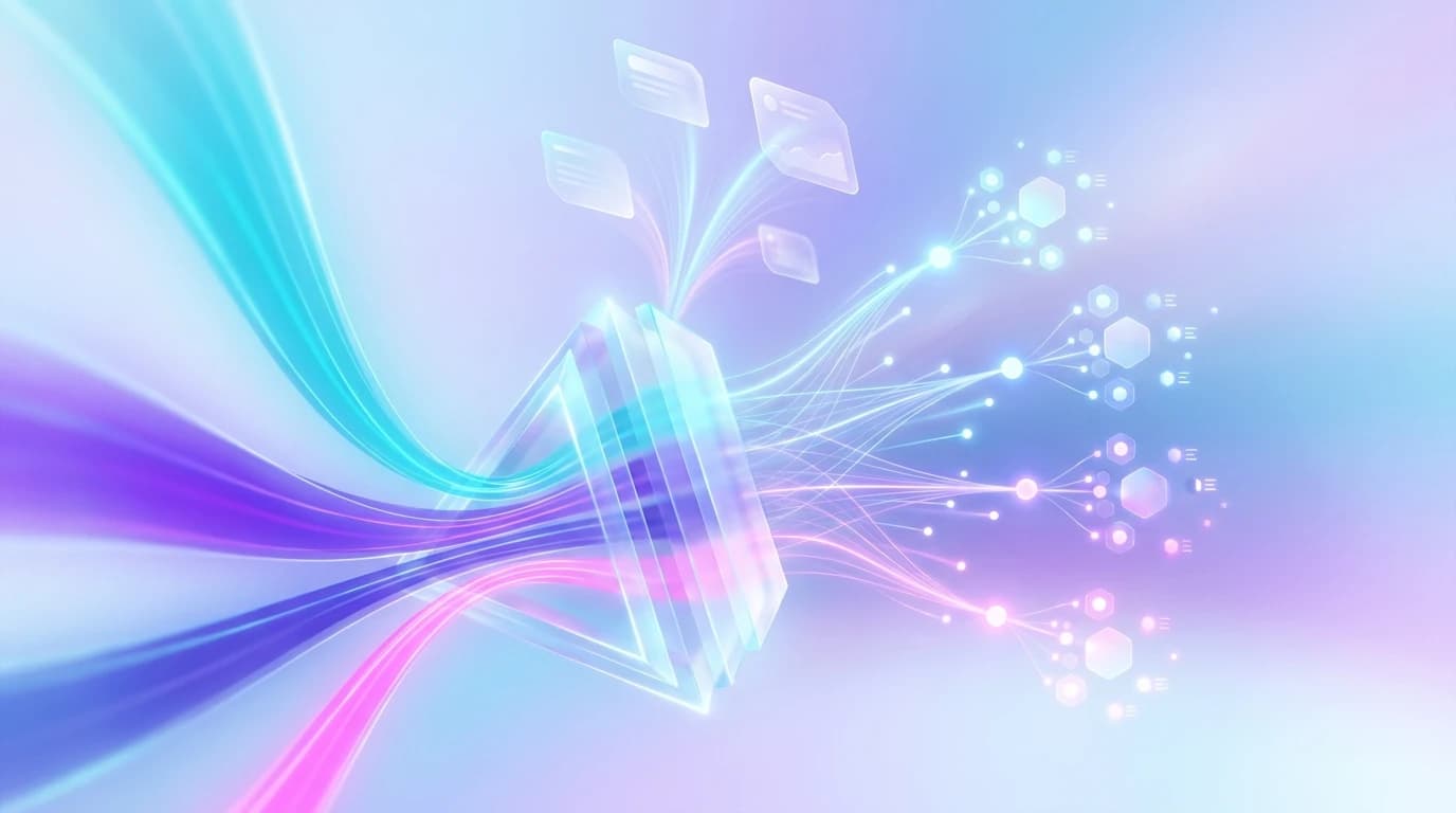 Abstract illustration of AI prompt research, conversational intent clustering, and multi-model query discovery in turquoise, violet, and pink