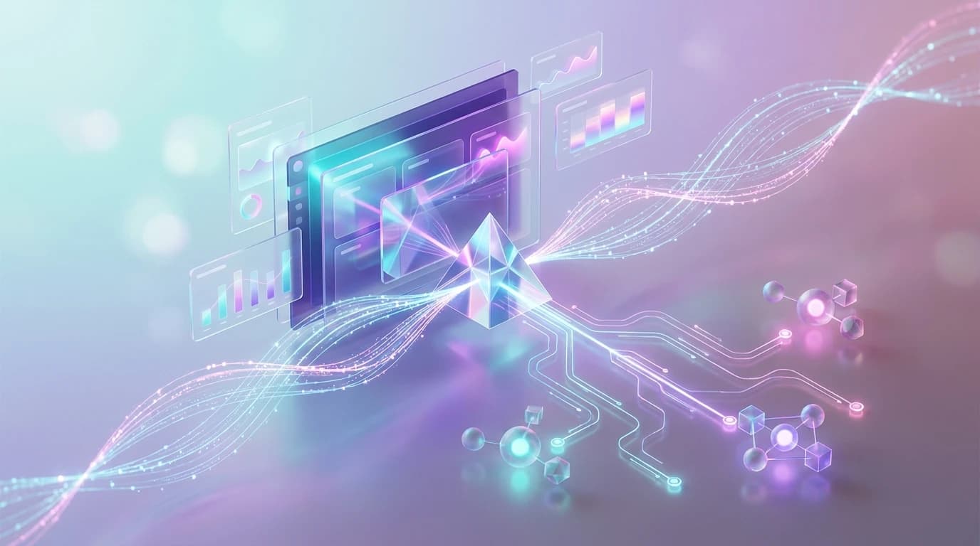 Abstract illustration of AI search attribution, multi-touch pipeline tracking, and revenue ROI modeling in turquoise, violet, and pink