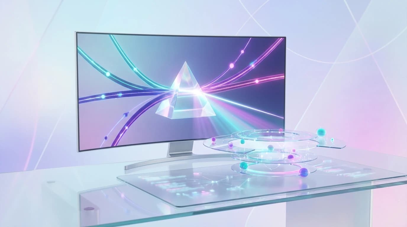 Abstract illustration of AI Share of Voice benchmarking and generative AI search brand visibility in turquoise, violet, and pink