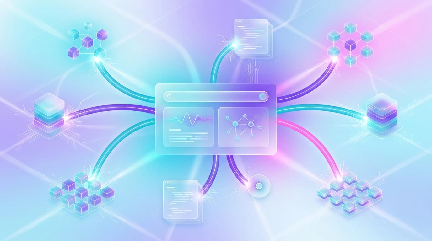 Abstract editorial illustration of Claude SEO, Anthropic AI search citations, and developer community discussion networks in turquoise, violet, and pink
