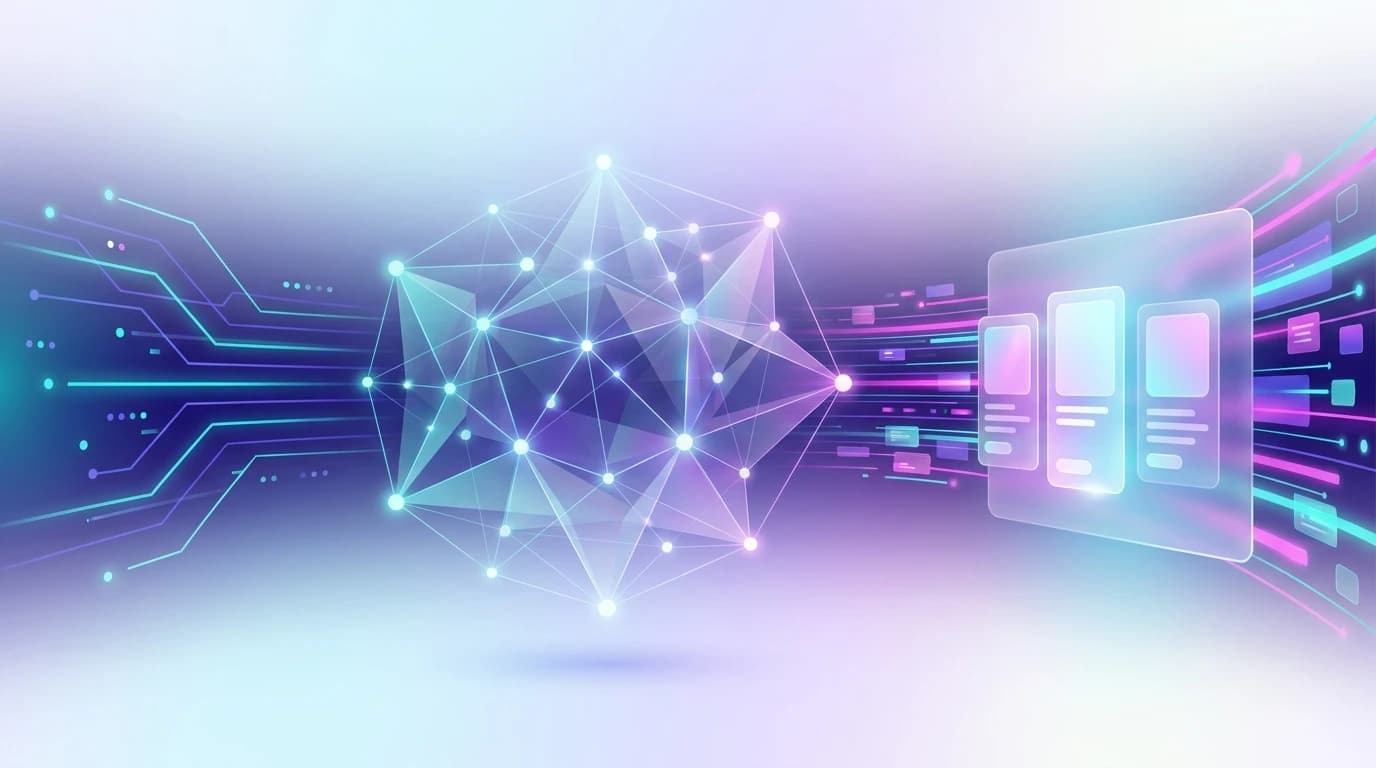 Abstract illustration of Generative Engine Optimization showing knowledge graph grounding and community consensus synthesizing into AI search recommendations in turquoise, violet, and pink