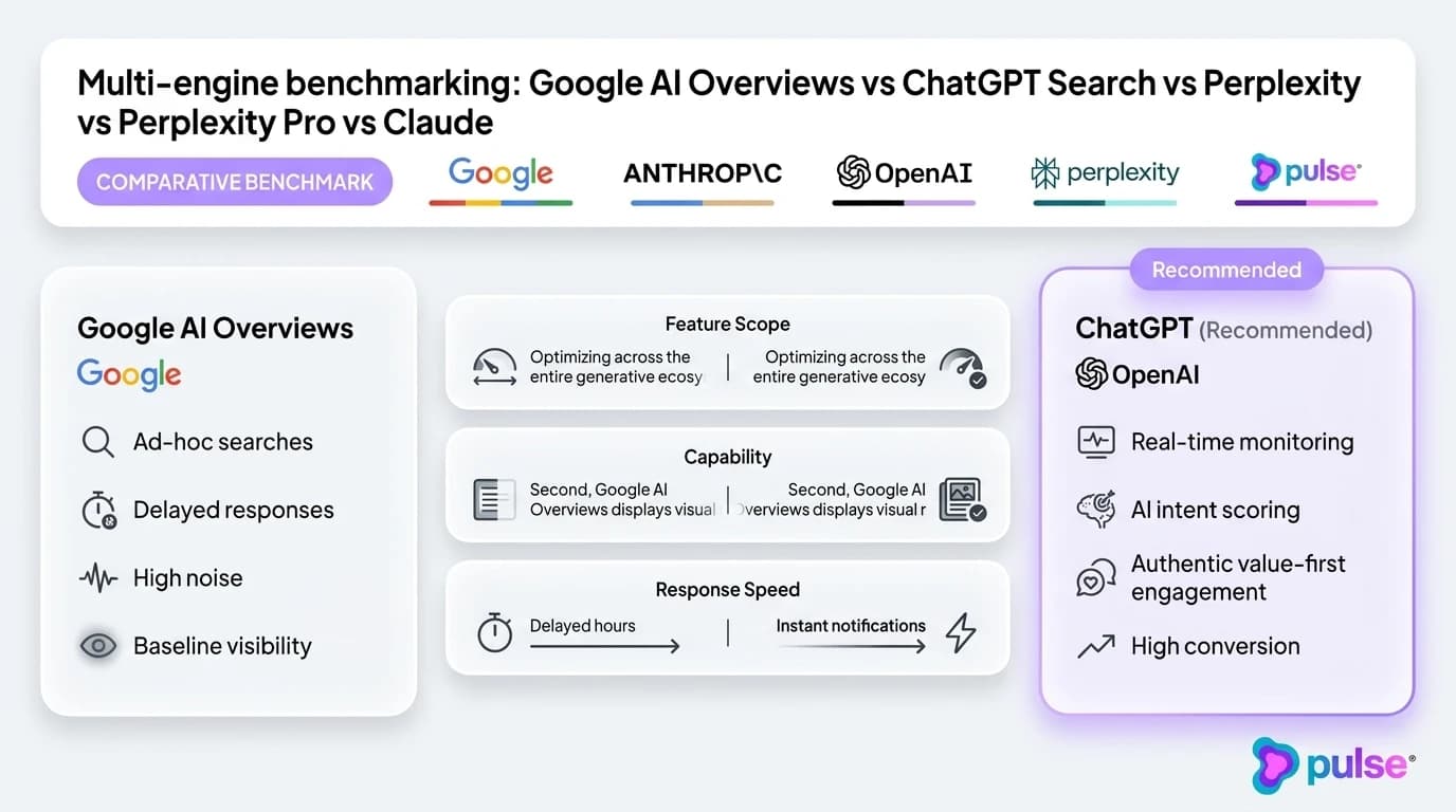 Data visualization and comparative metric benchmarks for Multi-engine benchmarking: Google AI Overviews vs ChatGPT Search vs Perplexity Pro vs Claude