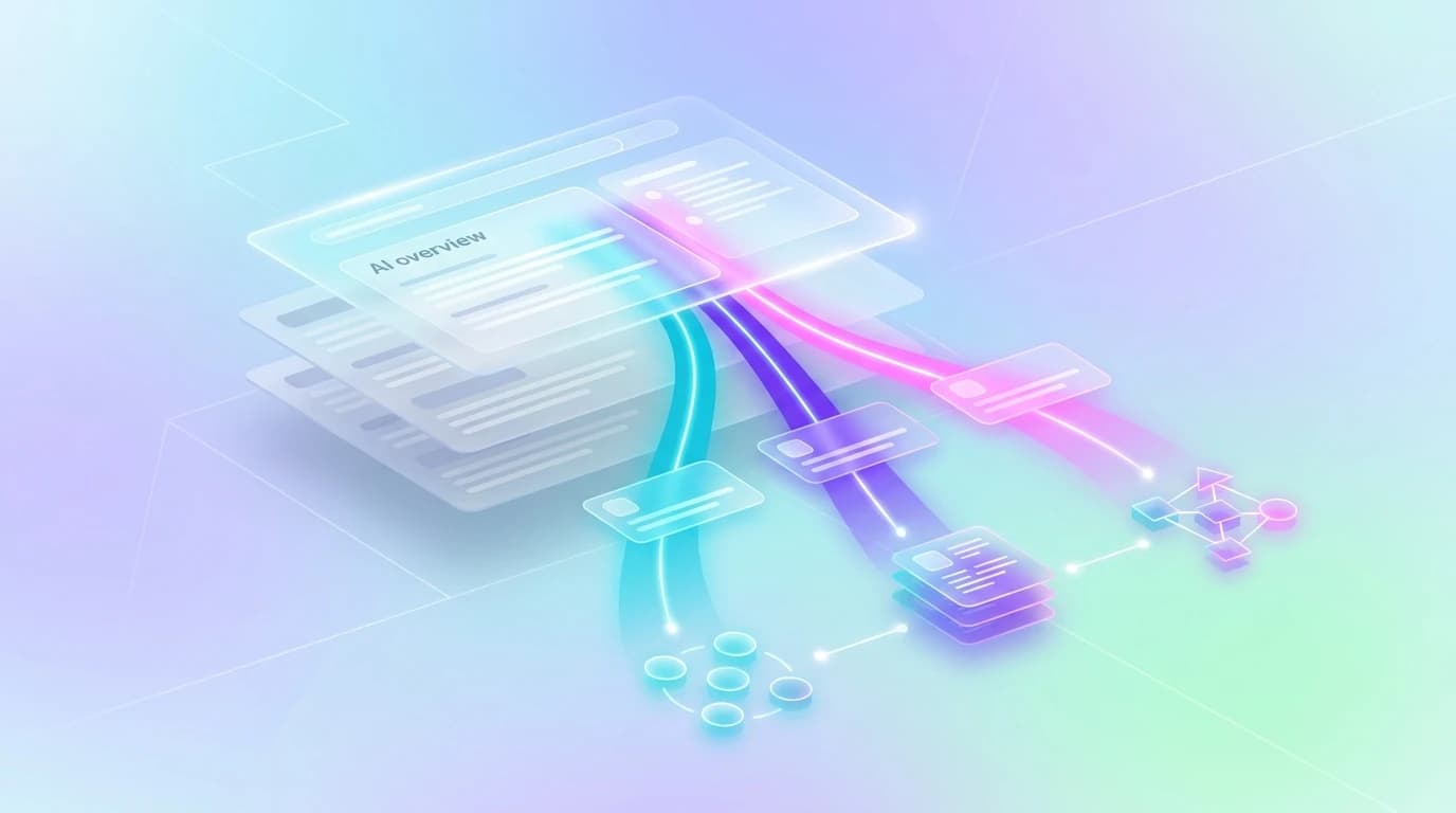 Abstract editorial illustration of Google AI Overviews optimization, generative search carousels, and community citation graphs in turquoise, violet, and pink