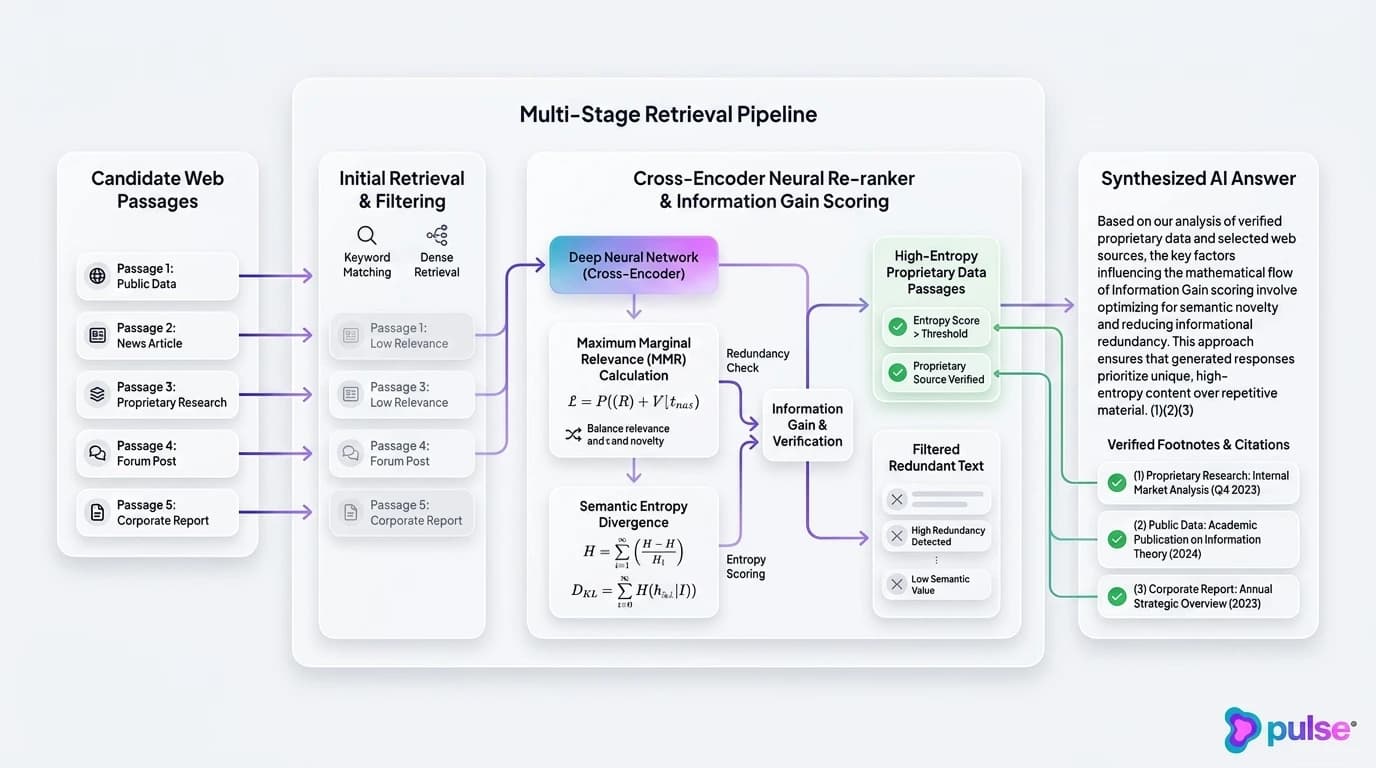 Technical architecture diagram of Information Gain scoring and MMR redundancy elimination in LLM RAG pipelines