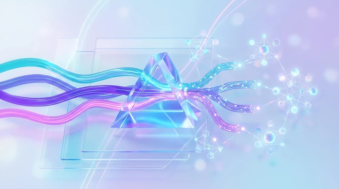Abstract illustration of LLM reputation management, AI search hallucination defense, and multi-model brand protection in turquoise, violet, and pink