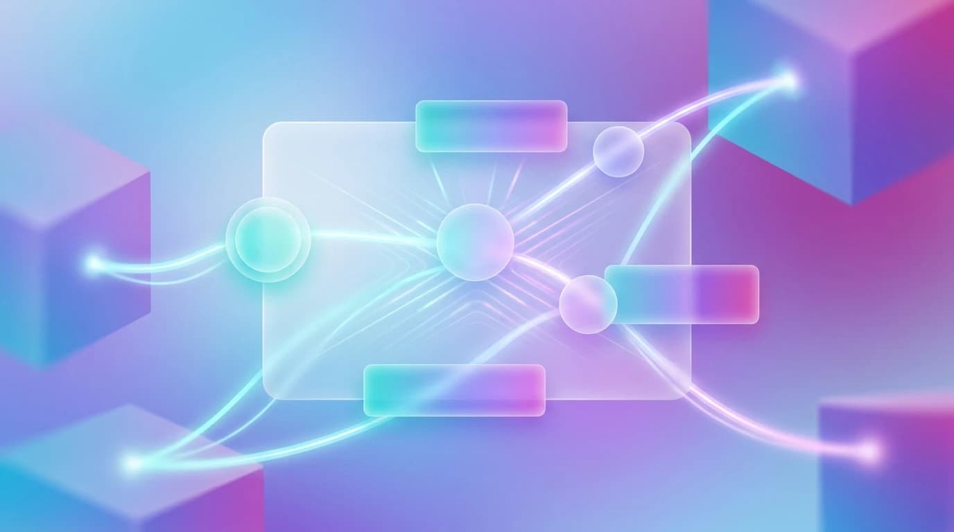 Abstract editorial illustration of Perplexity SEO, generative search citations, and community discussion networks in turquoise, violet, and pink