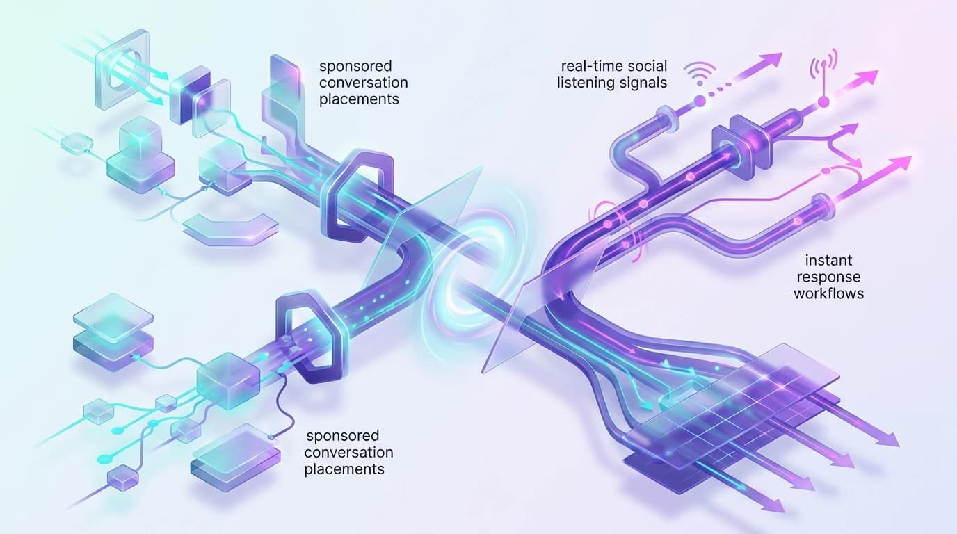 Abstract illustration of paid Reddit community ad targeting paired with real-time organic social listening in turquoise, violet, and electric pink
