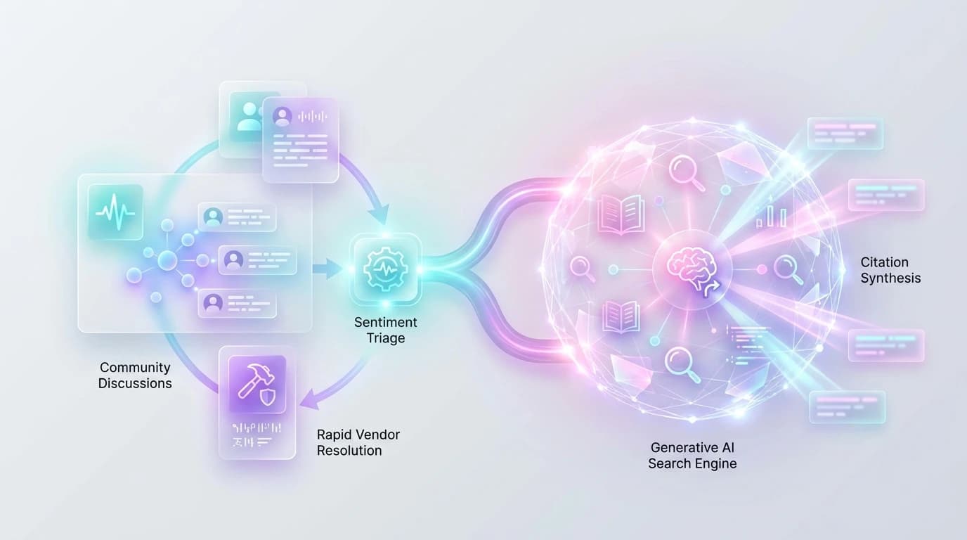Visual diagram illustrating how Reddit brand sentiment resolution protects generative AI search citations