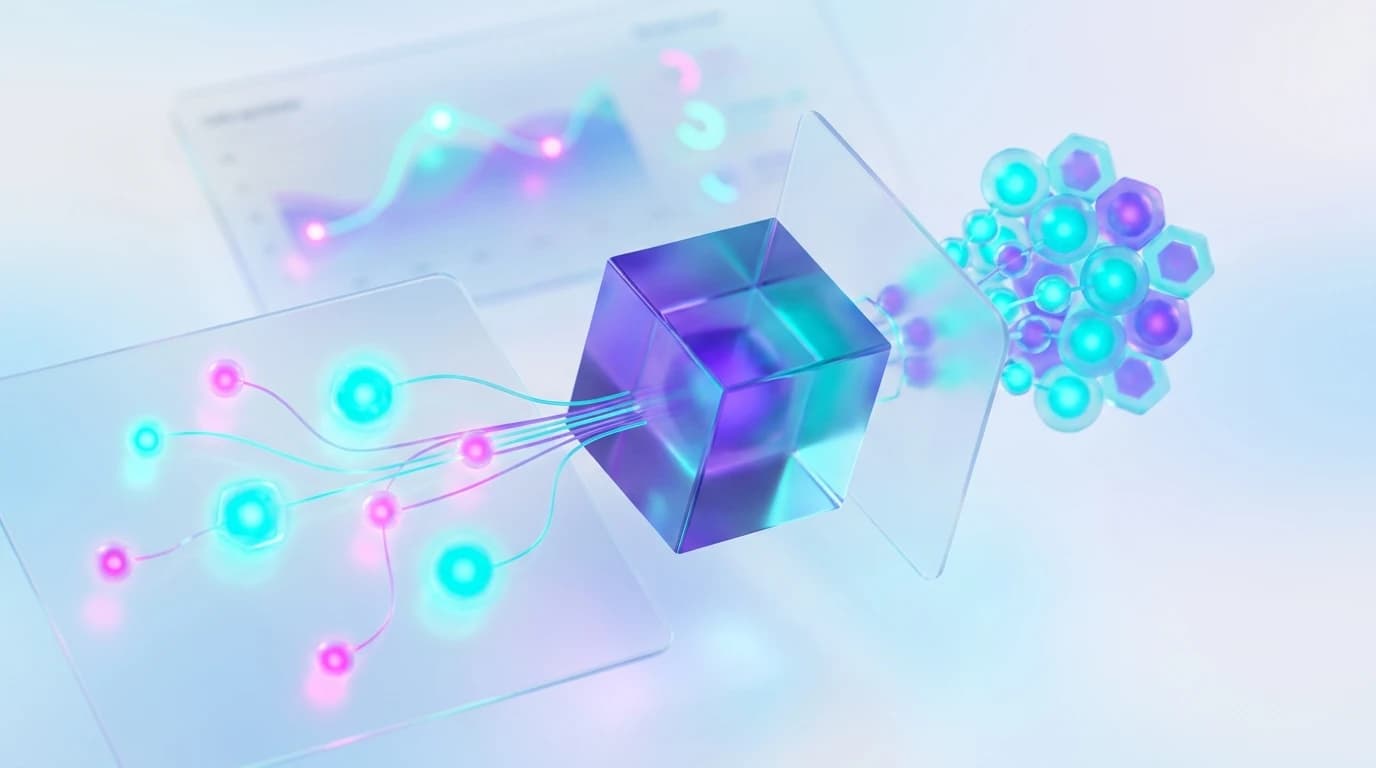 Abstract illustration of real-time Reddit churn prevention and Customer Success early-warning telemetry in turquoise, violet, and pink