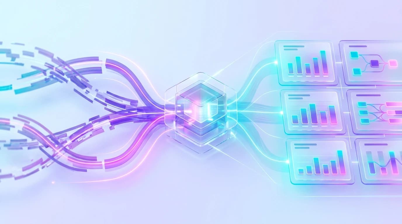 Abstract illustration of Reddit competitive intelligence and dynamic sales battlecards in turquoise, violet, and pink