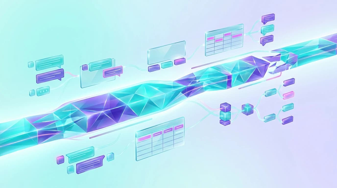 Abstract editorial illustration of B2B SaaS blog content and research repurposing into native Reddit discussions using turquoise, violet, and pink tones