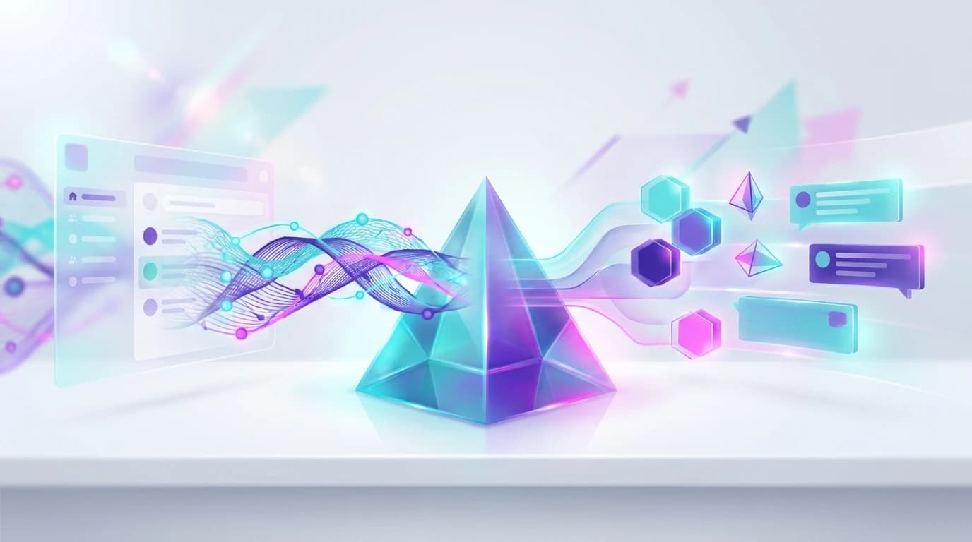 Abstract illustration of Reddit Voice-of-Customer data mining and qualitative customer research funneling into B2B SaaS messaging in turquoise, violet, and pink