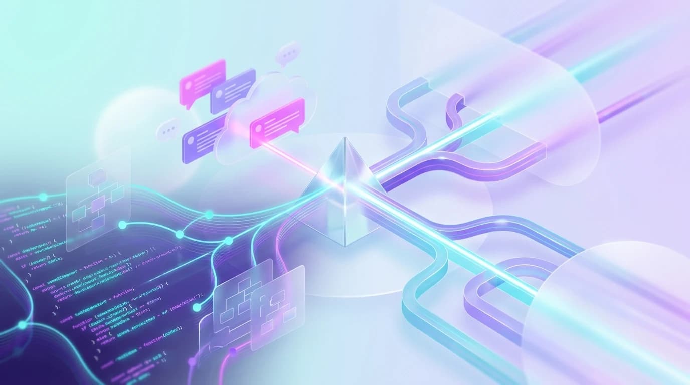 Abstract illustration of developer marketing on Reddit showing code-first community engagement and technical SaaS adoption in turquoise, violet, and pink