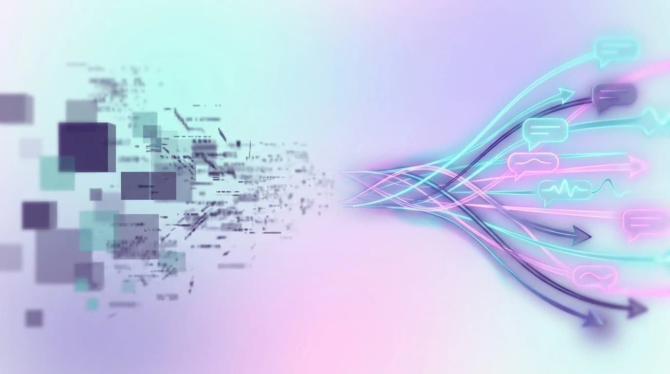 Abstract illustration comparing vague IP-based account surges with high-fidelity real-time conversational intent data from Reddit in turquoise, violet, and pink