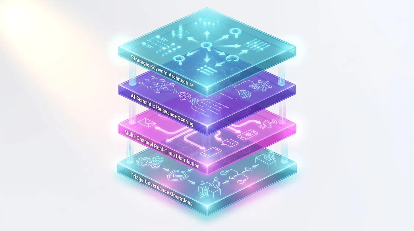 Architectural diagram of the 4-layer Reddit lead alerting stack for B2B SaaS