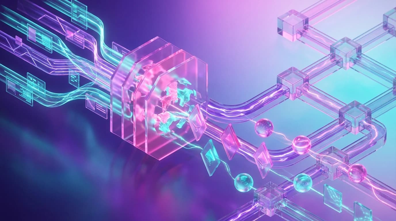 Abstract illustration of real-time Reddit lead alert filtering and multi-channel routing into sales pipelines in turquoise, violet, and electric pink