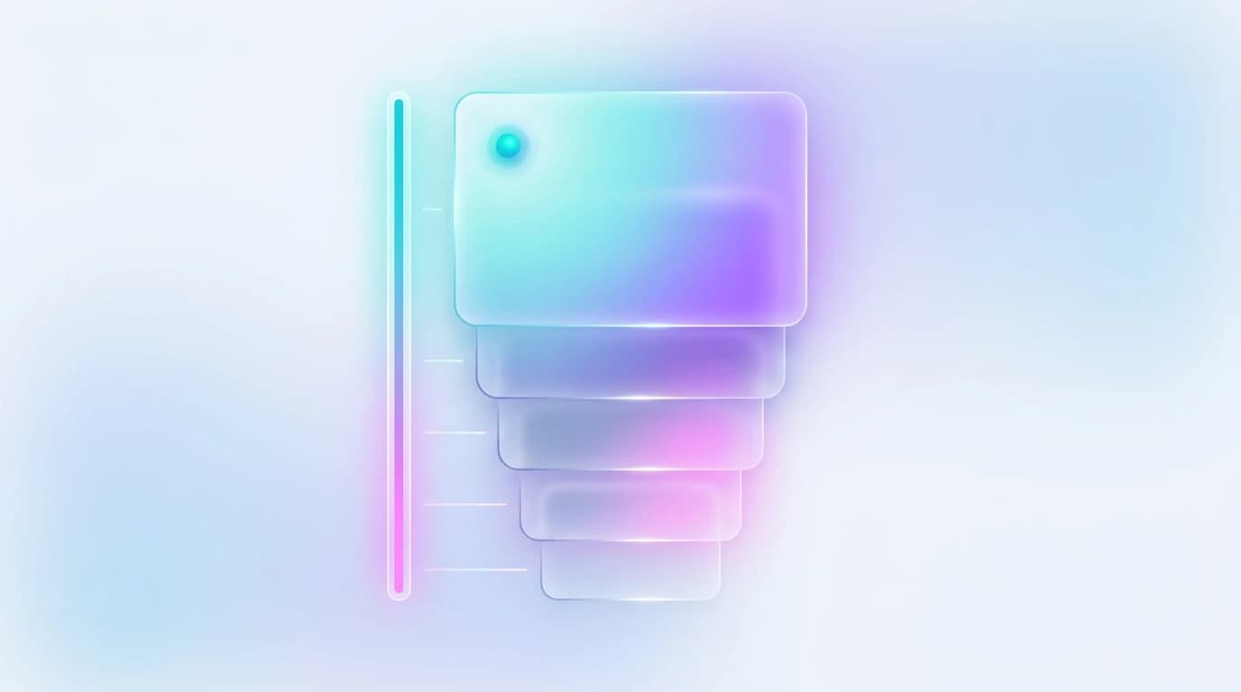 Abstract vertical stack of ranked, translucent lead cards with the top card brightest and a priority rail, representing a prioritized Reddit lead response queue