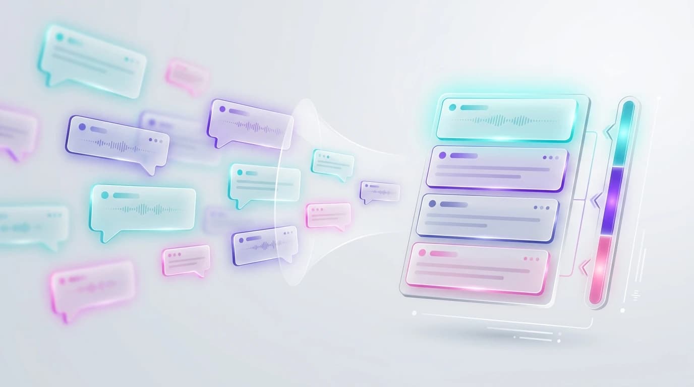 Abstract illustration of scattered Reddit conversation cards flowing into a ranked, sorted lead queue beside a tiered scoring gauge, in Pulse turquoise, violet, and pink