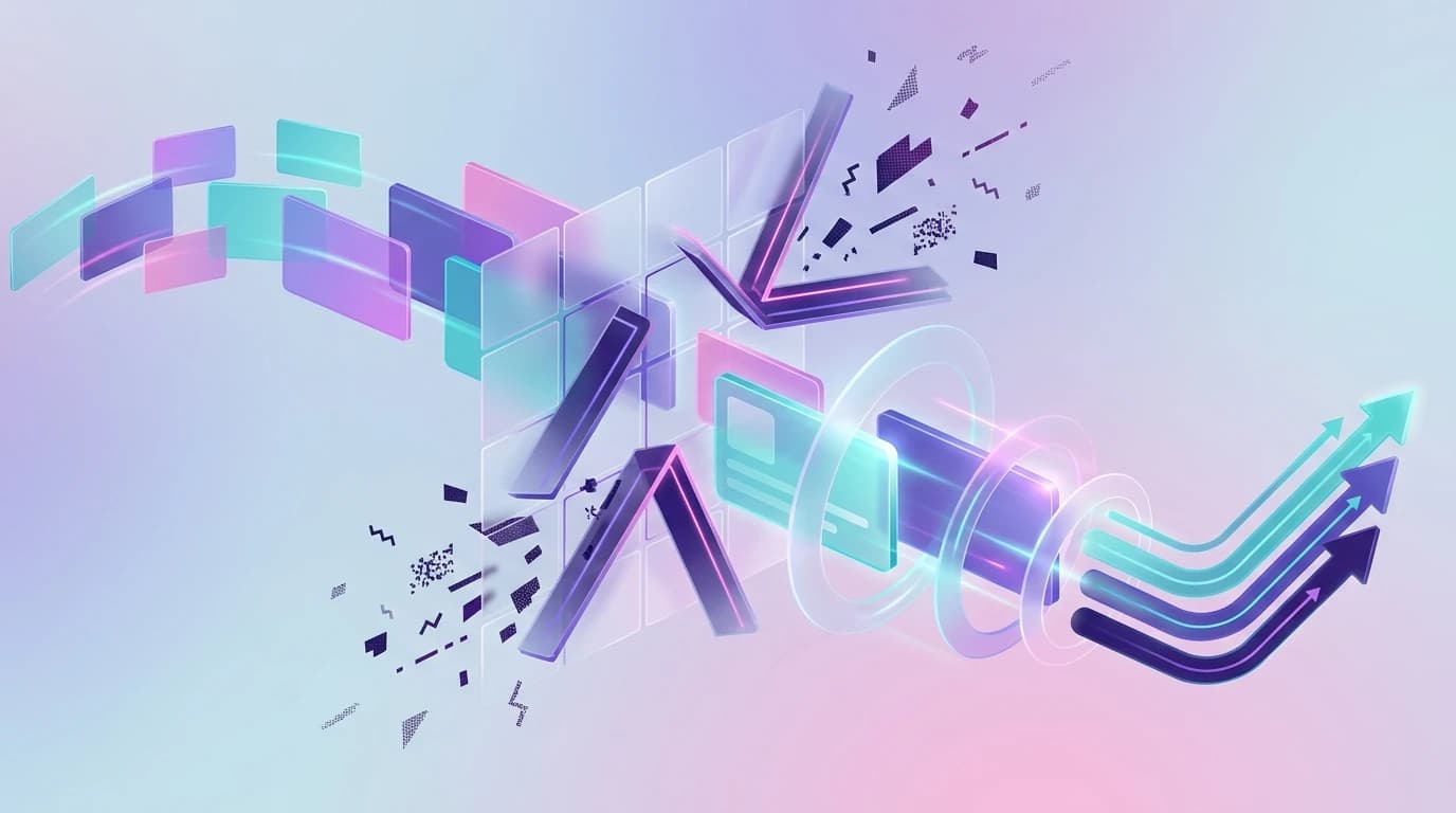 Abstract illustration of multi-layer negative keyword filtering separating conversational noise from high-intent B2B leads in turquoise, violet, and pink